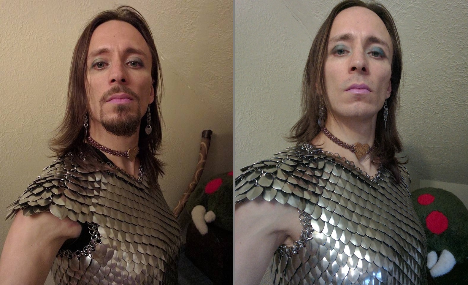 Kabutroid in scalemaille armour, two side by side pics, one with the beard, and one without.