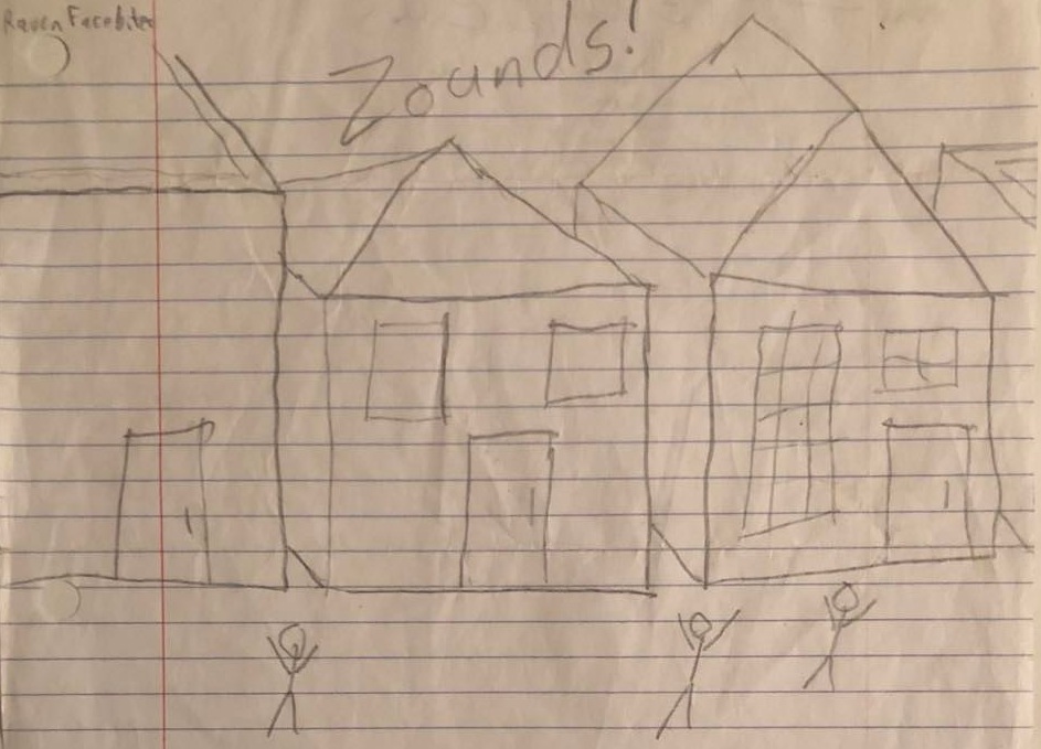 A simple pencil drawing of three and a quarter buildings, with Zounds written at the top. Several people stand in front, cheering.