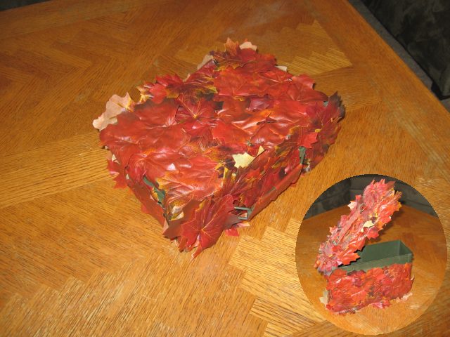 The container with all sides covered in leaves, and an inset image showing it with the lid open.