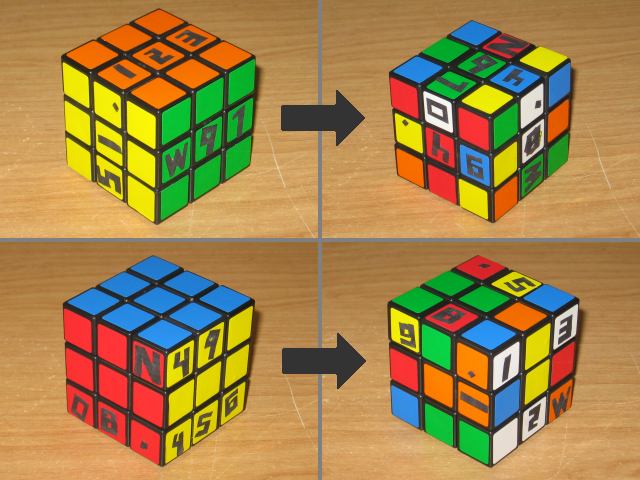 Four images, two showing the cube solved and with readable coordinates, and the others being scrambled with numbers everywhere.