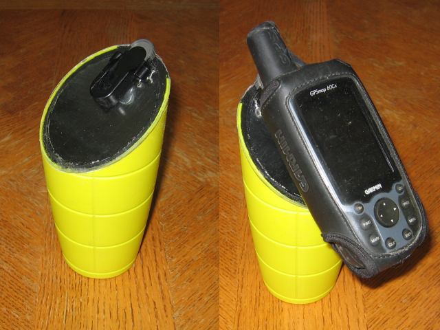A split photo showing the completed cup without and with the GPS attached, with it standing upright on its own thanks to the scales.