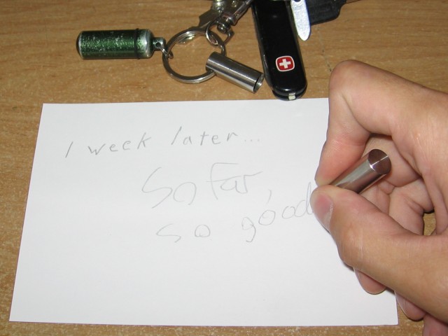 Kabutroid writing with the pen on a paper saying 1 week later, so far so good.