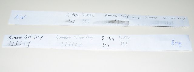 The five minute papers, showing still heavy smearing on all-weather, mainly with the gel pens.