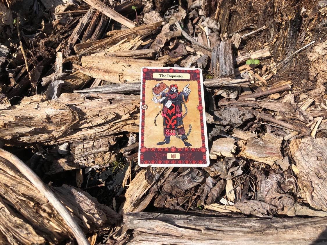 A judge holding up a book, the card laying on the forest debris.