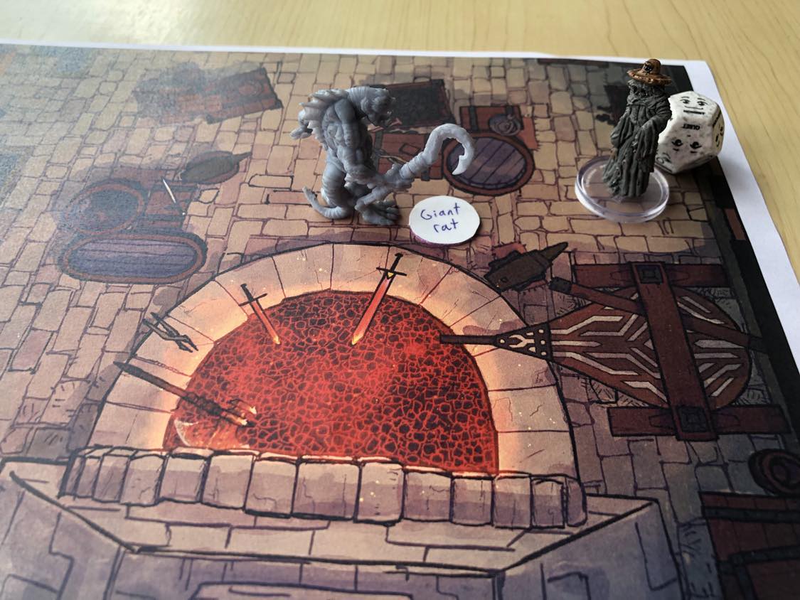 Backed against a wall, the blacksmith looks more relieved as you pull a giant rat from the bag of tricks.