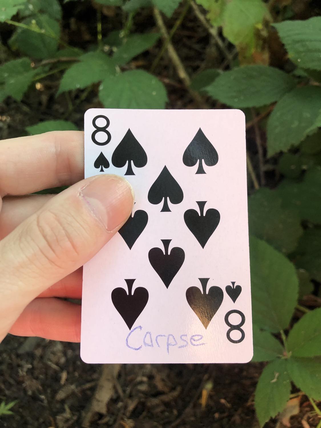 The eight of spades with the word Corpse written on it, held above the brush.