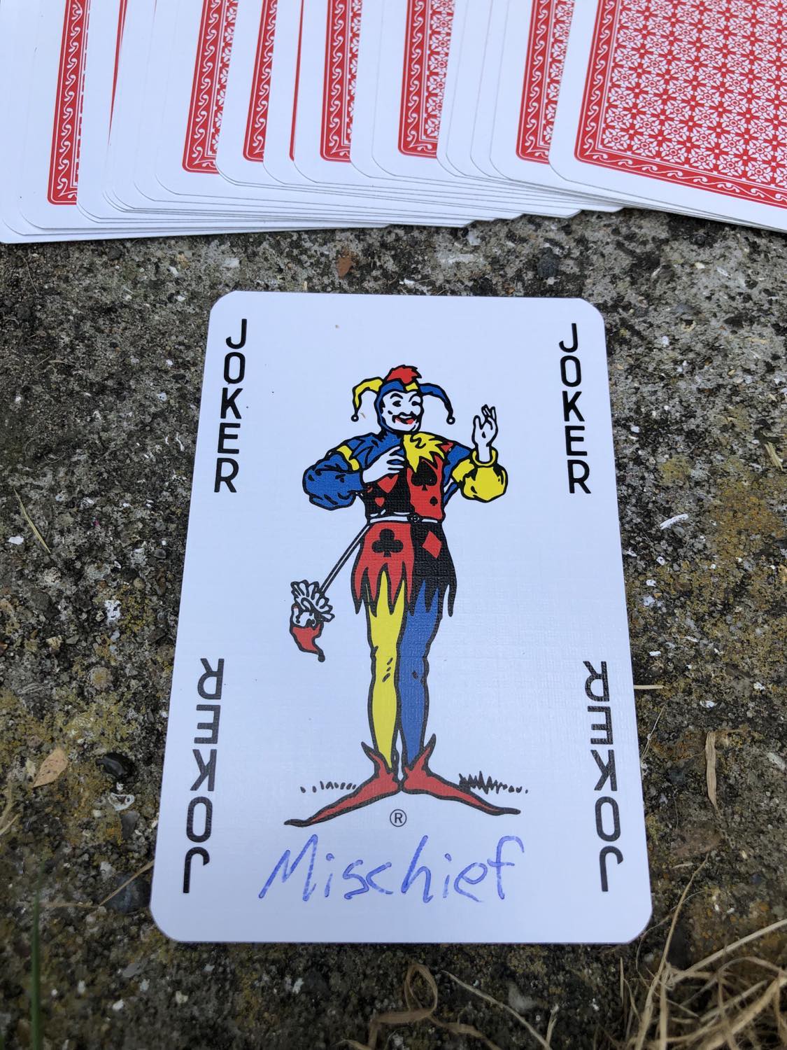 The joker with the word Mischief written on it, laying on the bridge support.