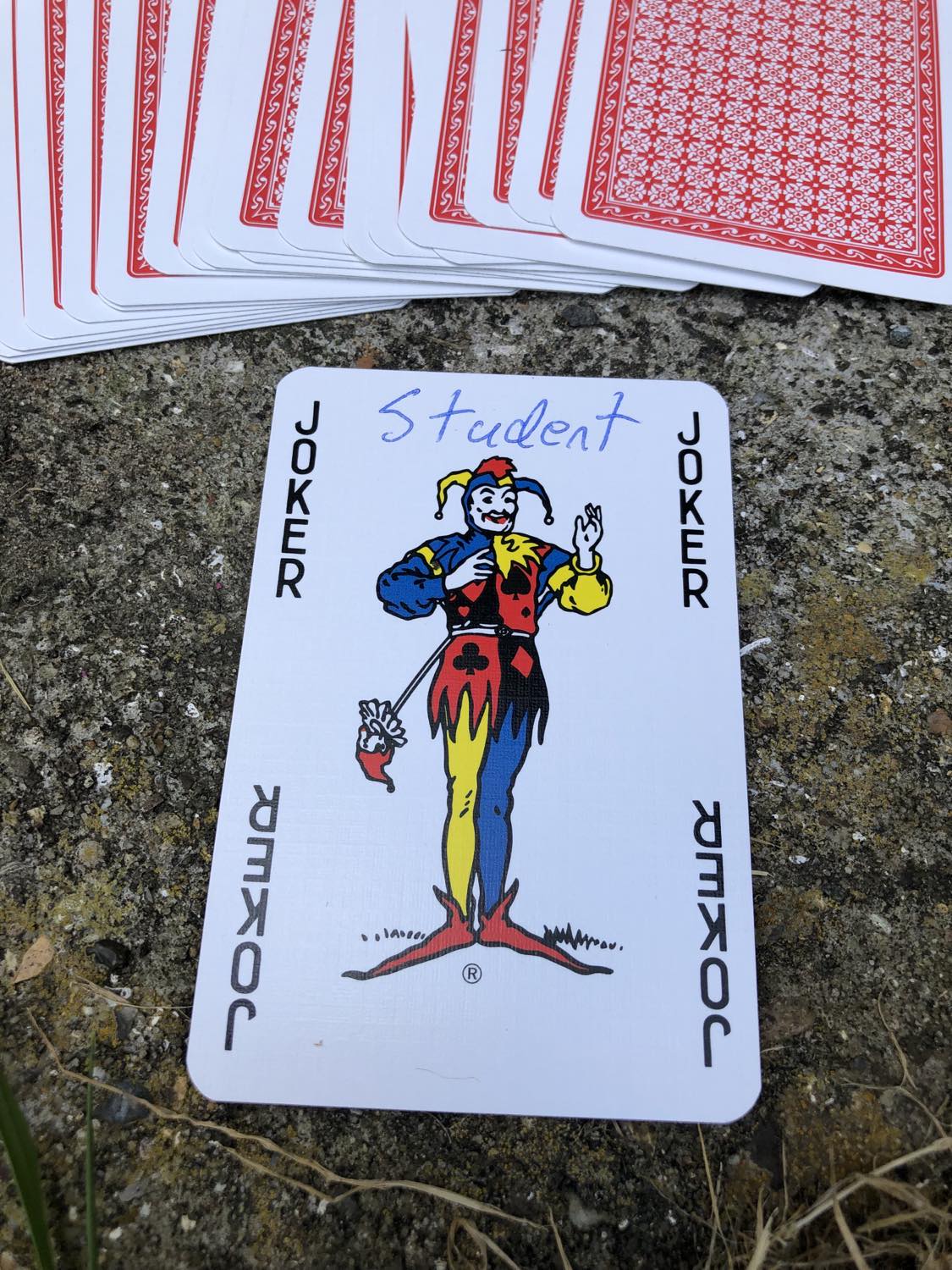 The joker with the word Student written on it, laying on the bridge support.