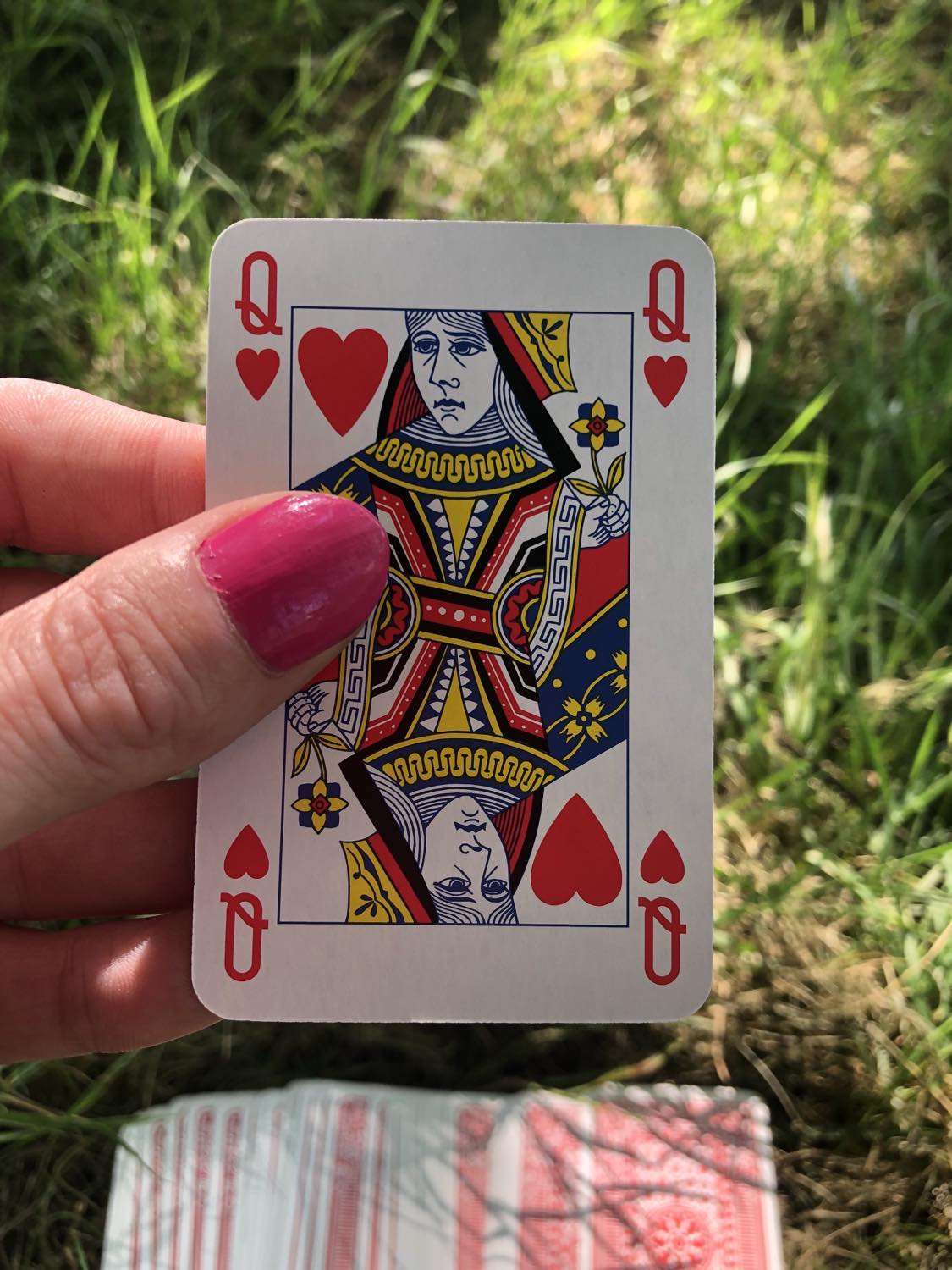 The queen of hearts, held up from the drawn out cards.