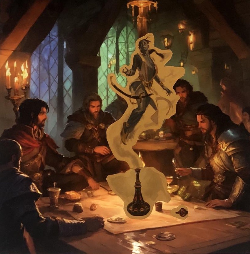 A powerful and benevolent efreeti emerges from the bottle, and offers to grant a wish to the adventurer that called them forth.