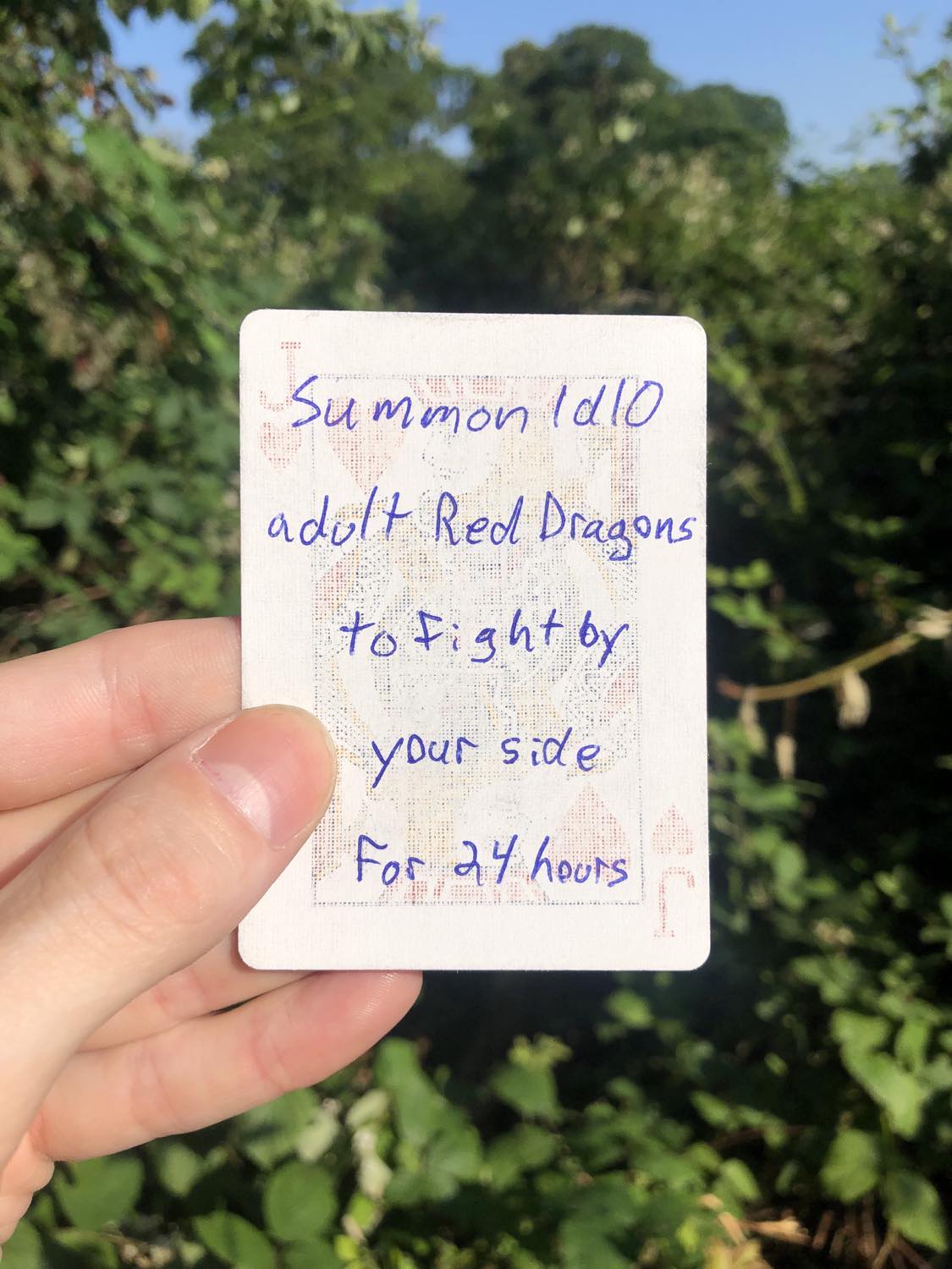 The jack of hearts, held with the trees and foliage behind. Summon 1D10 adult Red Dragons to fight by your side for 24 hours.