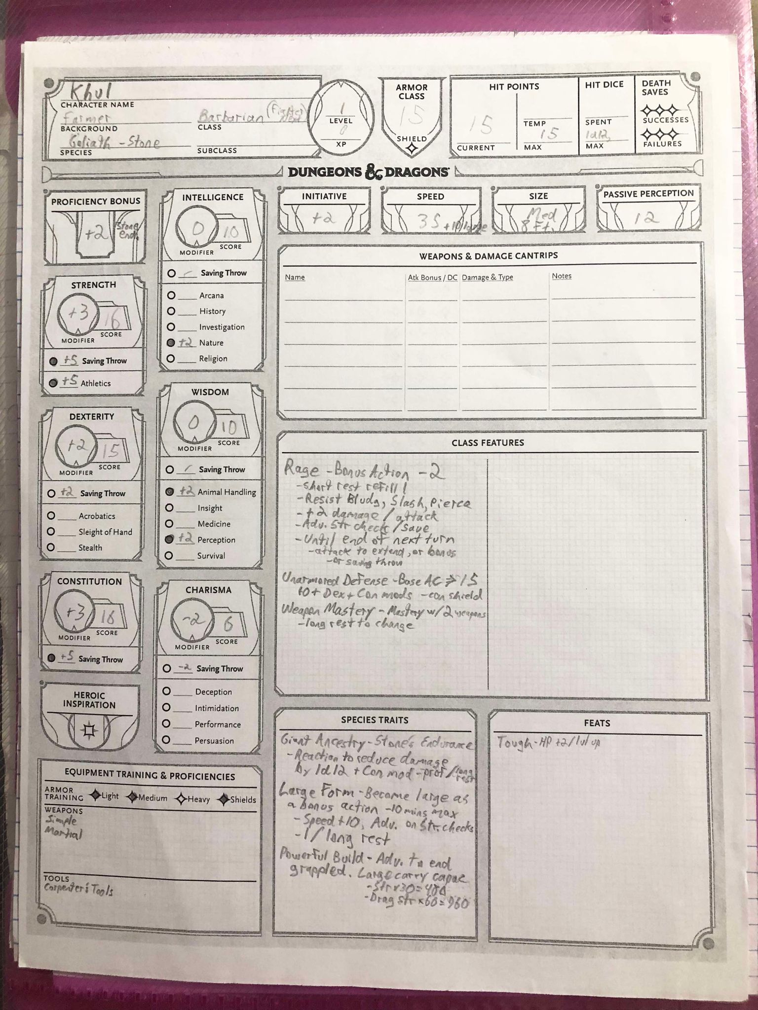 The first page of Khul's character sheet, currently a level 1 stone goliath barbarian with a note beside saying fighter next. 18 armor class, strength 16, dex 15, con 16, and with int, wis, and charisma at 10, 10, and 6.
