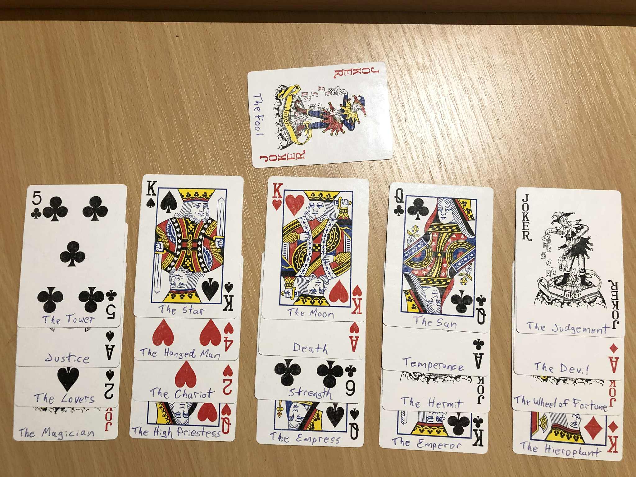 The set of twenty one cards laying on a wooden desk, arranged so that the ink can dry, with The Fool card separated from the rest. Maybe that's how it disappeared to somewhere.