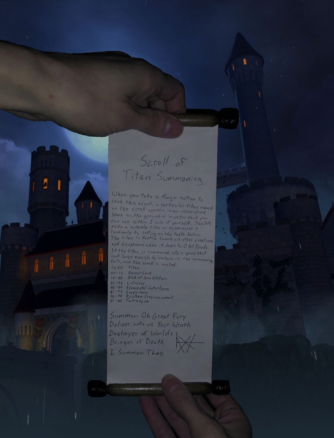 Looking towards Castle Ravenloft, you hold up the Scroll of Titan Summoning, wondering whether to just... solve any problems there by dropping a titan on the place.